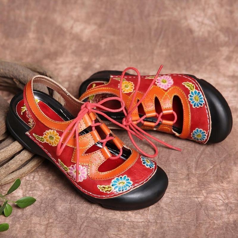 Dameskinn Blomsterskjøteutskjæring Søm Snøring Slingback Mules Clogs Flat Sandaler