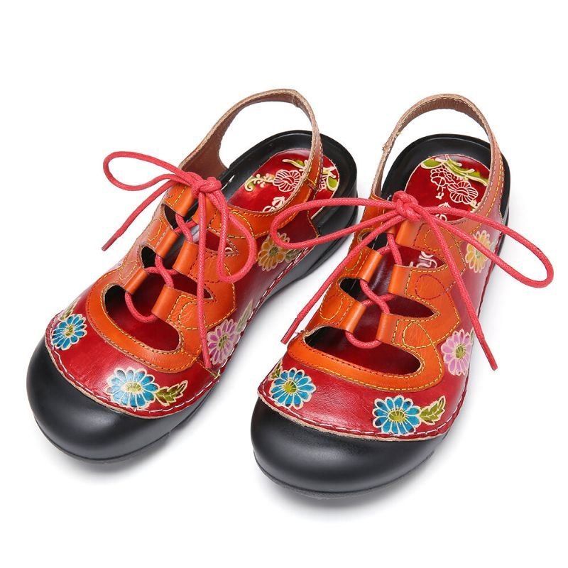 Dameskinn Blomsterskjøteutskjæring Søm Snøring Slingback Mules Clogs Flat Sandaler