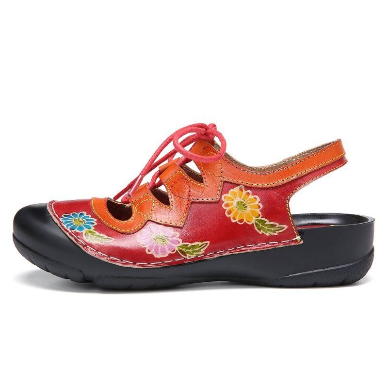 Dameskinn Blomsterskjøteutskjæring Søm Snøring Slingback Mules Clogs Flat Sandaler