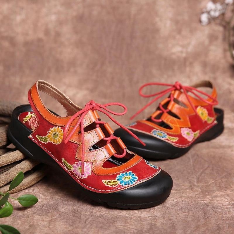 Dameskinn Blomsterskjøteutskjæring Søm Snøring Slingback Mules Clogs Flat Sandaler
