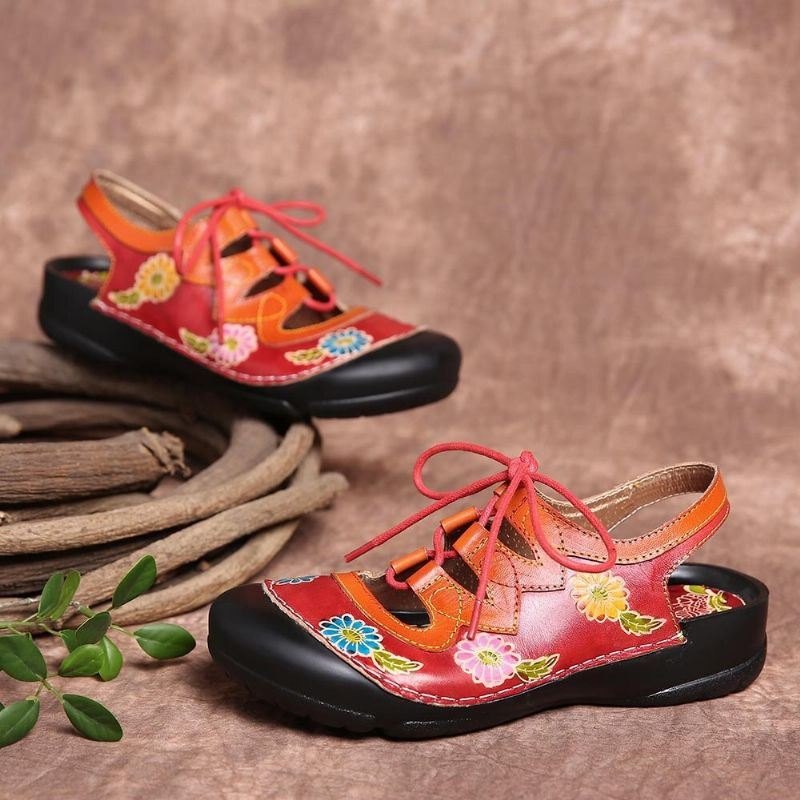 Dameskinn Blomsterskjøteutskjæring Søm Snøring Slingback Mules Clogs Flat Sandaler