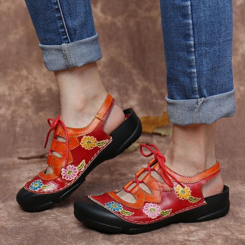 Dameskinn Blomsterskjøteutskjæring Søm Snøring Slingback Mules Clogs Flat Sandaler