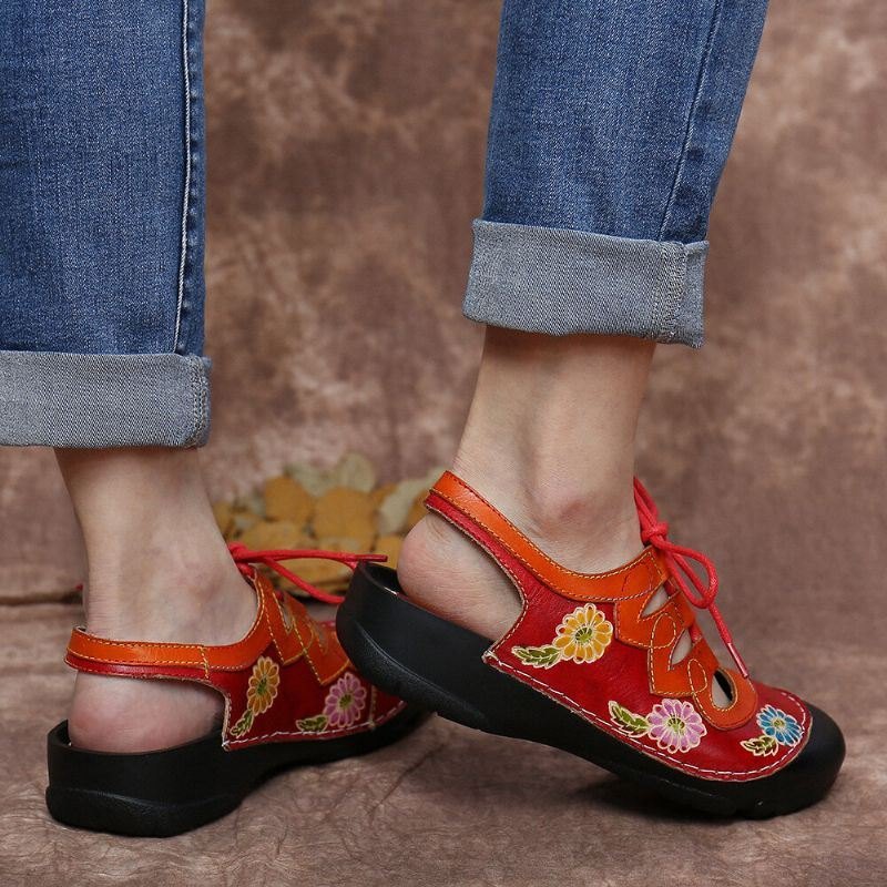 Dameskinn Blomsterskjøteutskjæring Søm Snøring Slingback Mules Clogs Flat Sandaler