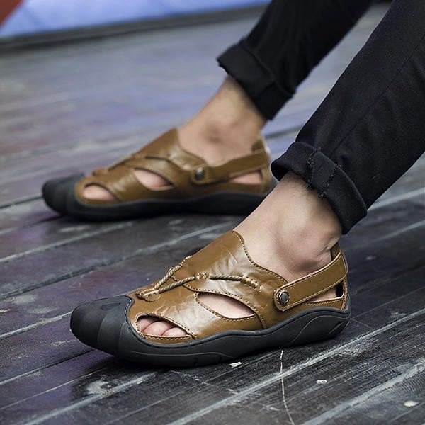 Herre Komfortable Anti Collision Toe Sandaler I Ekte Skinn