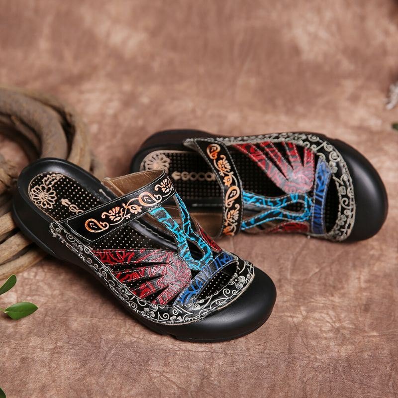 Vintage Lær Blomsterutskjæring For Dame Justerbar Stropp Slip On Mules Clogs Flat Slides Sandaler