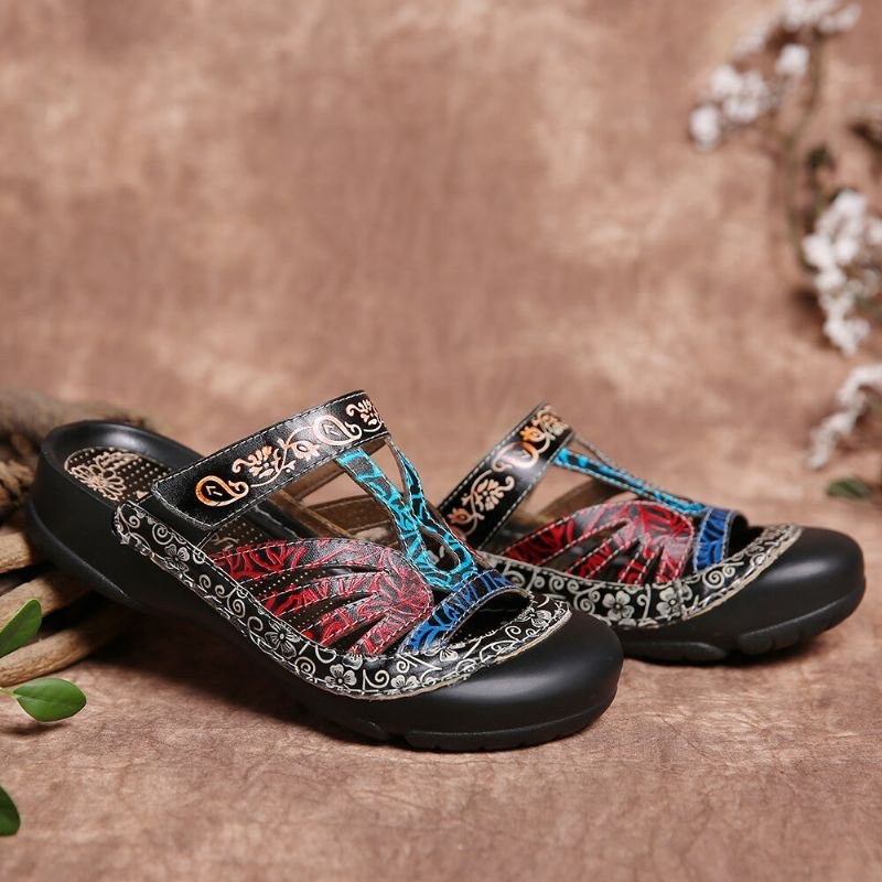 Vintage Lær Blomsterutskjæring For Dame Justerbar Stropp Slip On Mules Clogs Flat Slides Sandaler