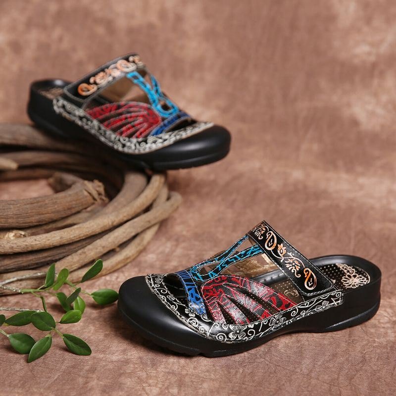 Vintage Lær Blomsterutskjæring For Dame Justerbar Stropp Slip On Mules Clogs Flat Slides Sandaler
