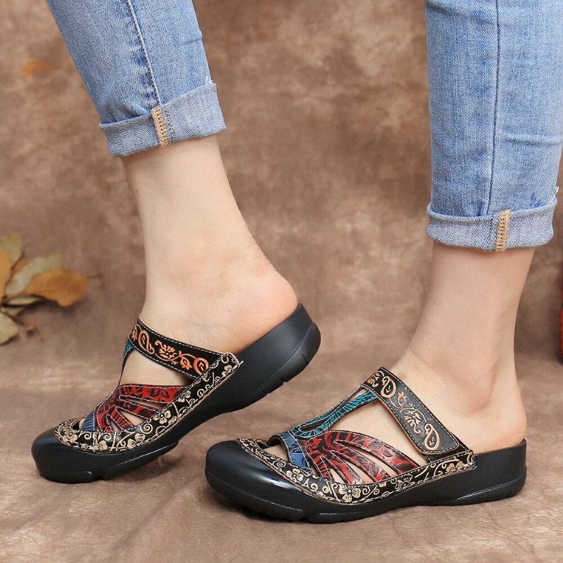 Vintage Lær Blomsterutskjæring For Dame Justerbar Stropp Slip On Mules Clogs Flat Slides Sandaler