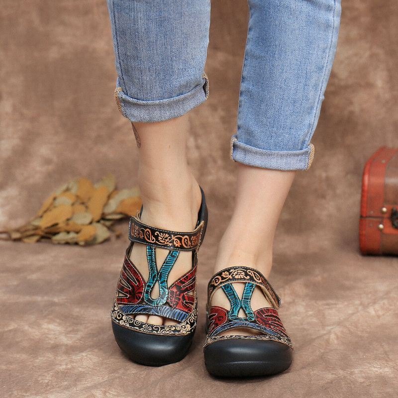 Vintage Lær Blomsterutskjæring For Dame Justerbar Stropp Slip On Mules Clogs Flat Slides Sandaler