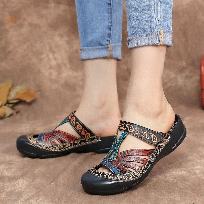 Vintage Lær Blomsterutskjæring For Dame Justerbar Stropp Slip On Mules Clogs Flat Slides Sandaler