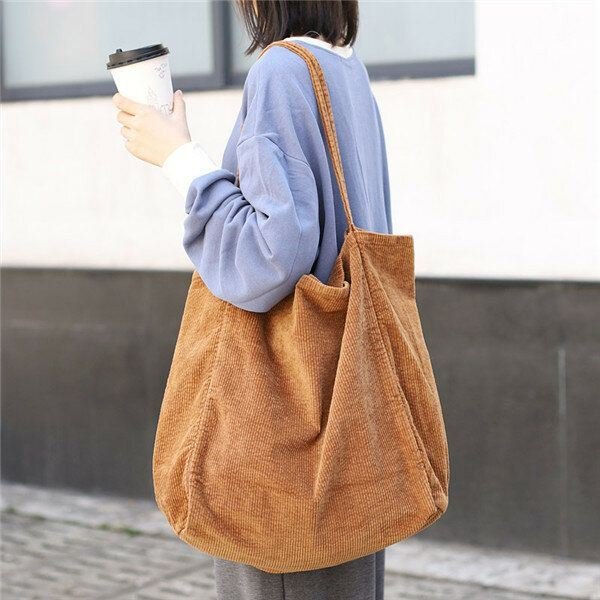 Dame Corduroy Vintage Stor Kapasitet Shopping Bag Skulderveske Håndveske