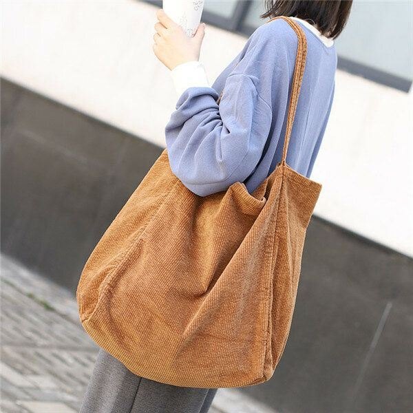 Dame Corduroy Vintage Stor Kapasitet Shopping Bag Skulderveske Håndveske