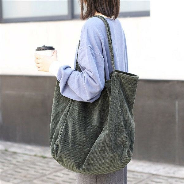 Dame Corduroy Vintage Stor Kapasitet Shopping Bag Skulderveske Håndveske