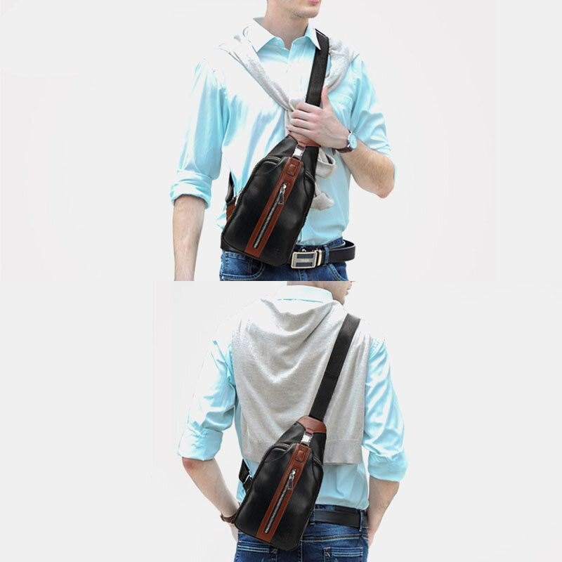 Herre Pu Lær Multi-lomme Stor Kapasitet Vanntett Sport Brystvesker Crossbody Bag Skulder