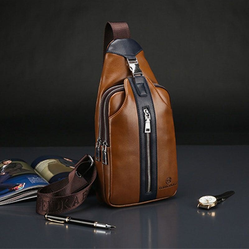 Herre Pu Lær Multi-lomme Stor Kapasitet Vanntett Sport Brystvesker Crossbody Bag Skulder