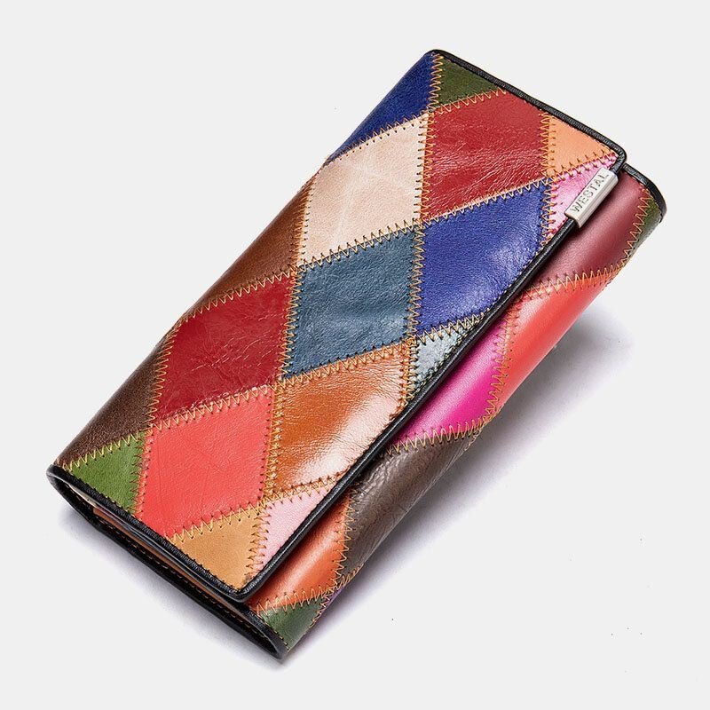 Dame Ekte Skinn Bifold Farget Geometrisk Mønster Multi-card Slot Card Case Pengeklipp Myntveske Lange Clutch Lommebøker