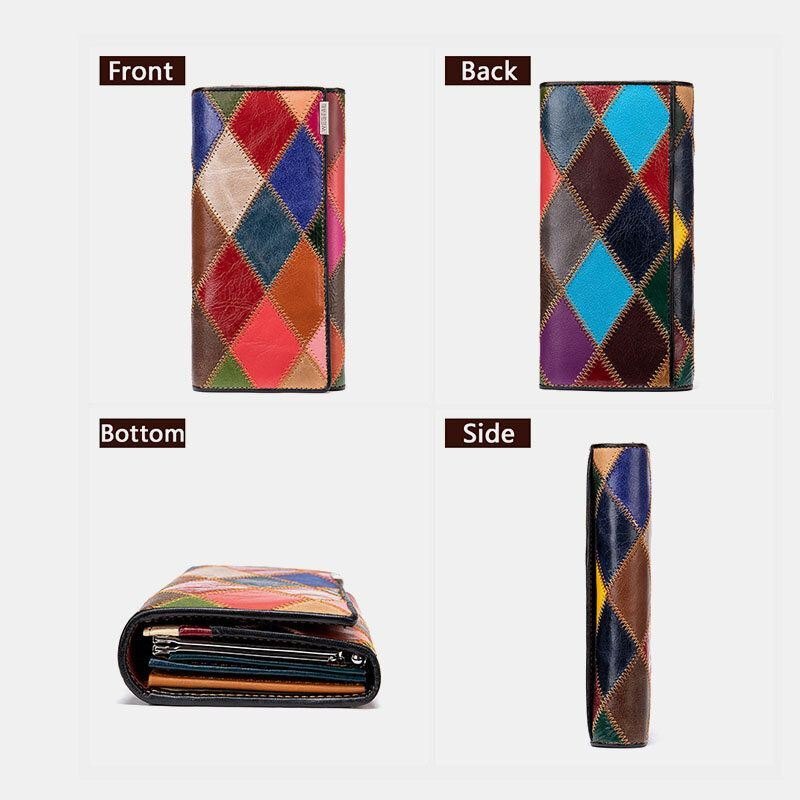 Dame Ekte Skinn Bifold Farget Geometrisk Mønster Multi-card Slot Card Case Pengeklipp Myntveske Lange Clutch Lommebøker