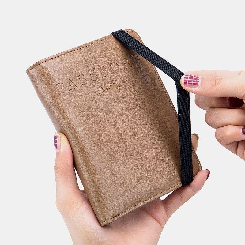 Unisex Ekte Skinn Multifunksjons Multi-kortspor Reisepassveske Lommebok Med Elastisk Stropp
