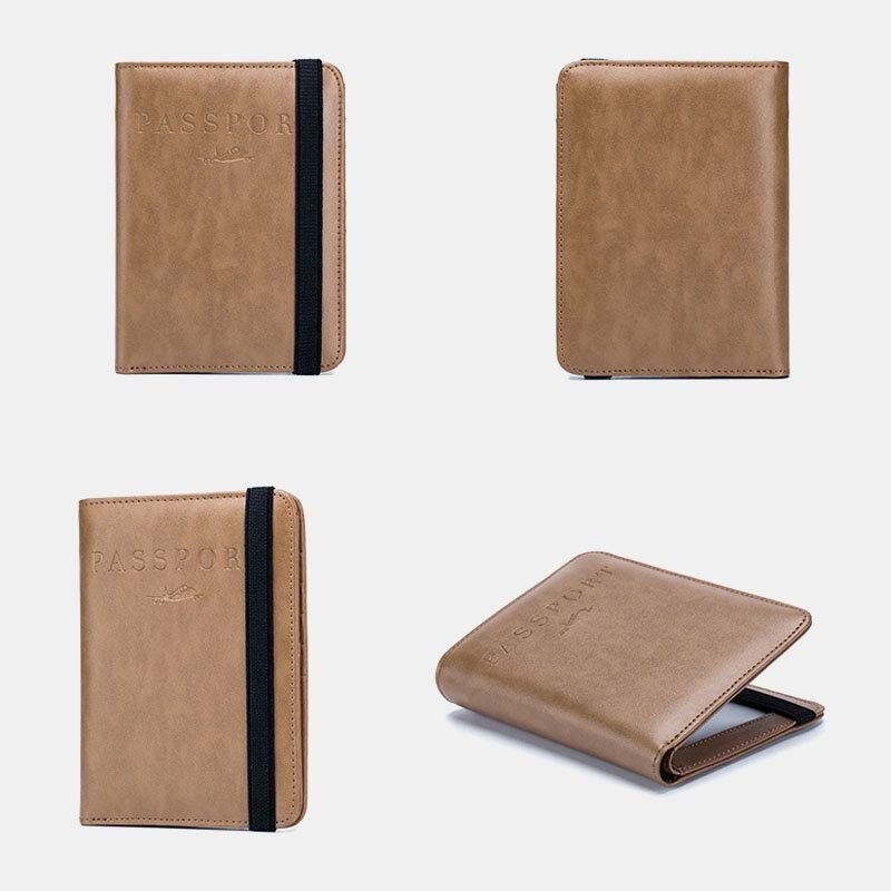 Unisex Ekte Skinn Multifunksjons Multi-kortspor Reisepassveske Lommebok Med Elastisk Stropp