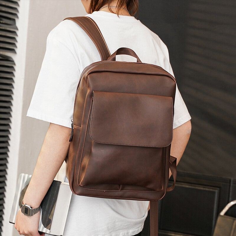 Herre Pu Leather Vintage Stor Kapasitet Multifunksjon 13.3 Tommers Laptopveske Ryggsekk