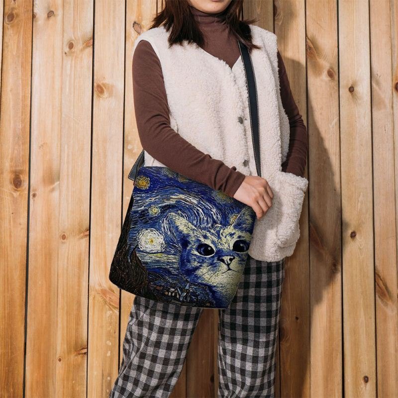 Dame Følte Seg Søte Uformelt Tegneserie Kattemønster Med Stjerneklar Natt Galaksemalerier Crossbody-veske Skulderveske