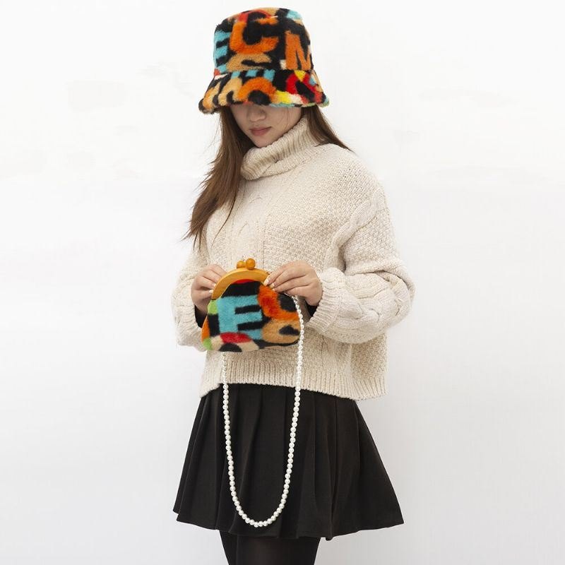 Dame Plysj Tie-dye Patchwork Pearl Chain Skulderveske Crossbody Bag