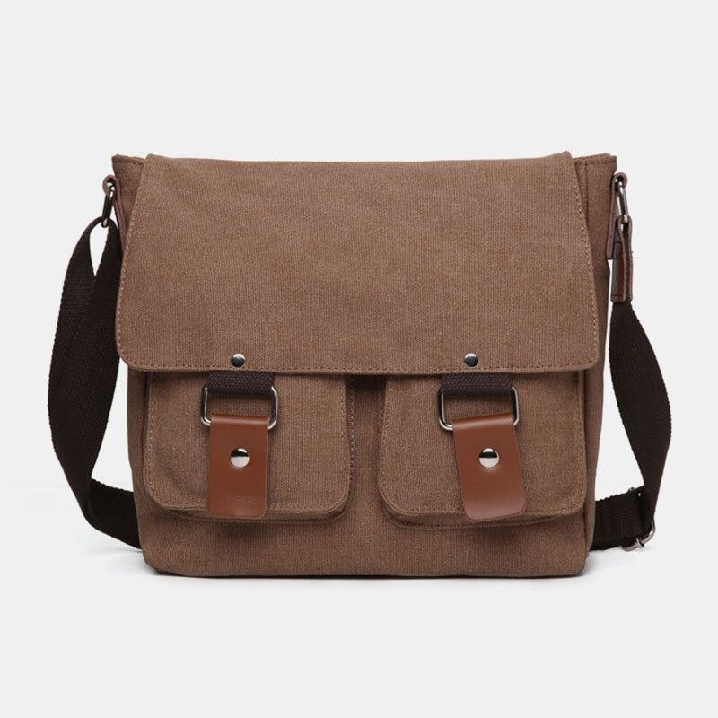 Dobbel Frontlomme For Herre Med Stor Kapasitet Crossbody-veske Retro Canvas Horisontal Ensfarget Anti-tyveri Skulderveske