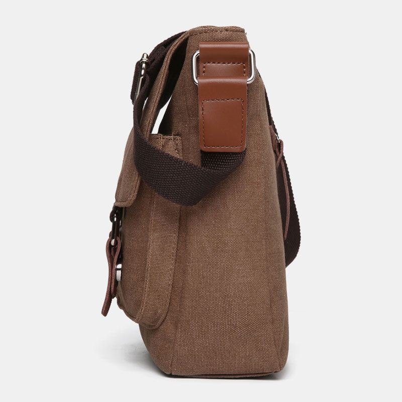 Dobbel Frontlomme For Herre Med Stor Kapasitet Crossbody-veske Retro Canvas Horisontal Ensfarget Anti-tyveri Skulderveske