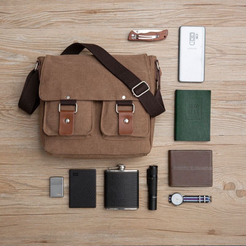 Dobbel Frontlomme For Herre Med Stor Kapasitet Crossbody-veske Retro Canvas Horisontal Ensfarget Anti-tyveri Skulderveske