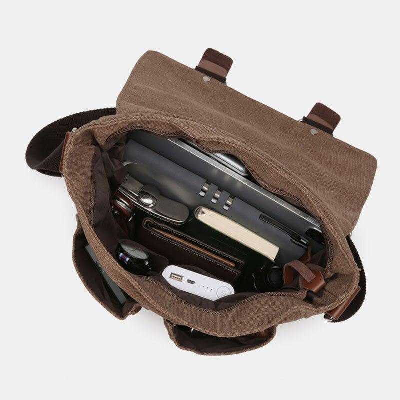 Dobbel Frontlomme For Herre Med Stor Kapasitet Crossbody-veske Retro Canvas Horisontal Ensfarget Anti-tyveri Skulderveske