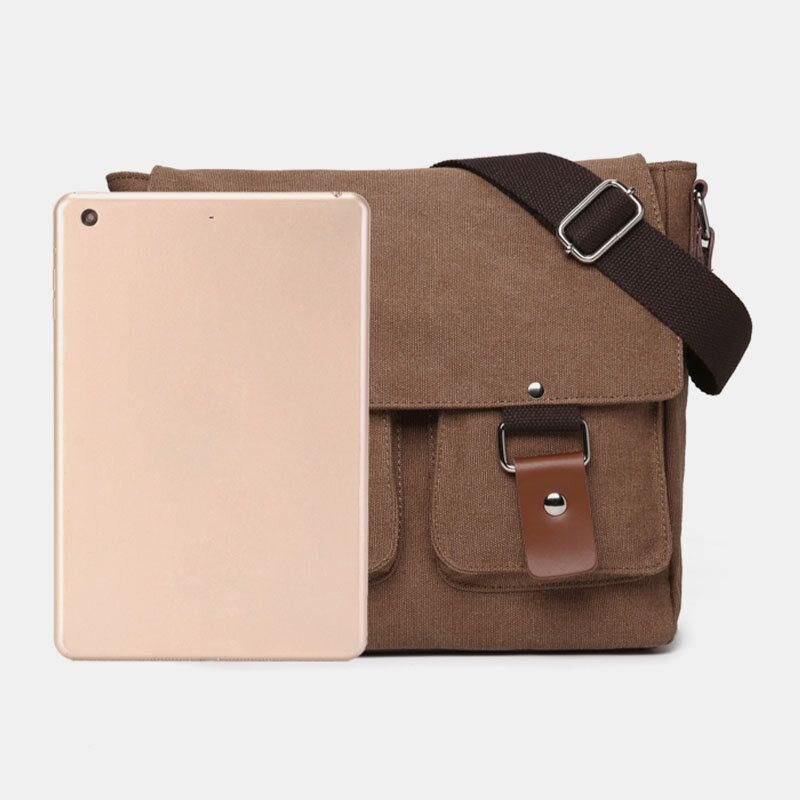 Dobbel Frontlomme For Herre Med Stor Kapasitet Crossbody-veske Retro Canvas Horisontal Ensfarget Anti-tyveri Skulderveske