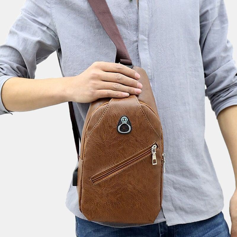 Herre Pu Leather Retro Business Brystveske Med Usb Lading Ungdomsskinn Skulderveske Cross Body Bag