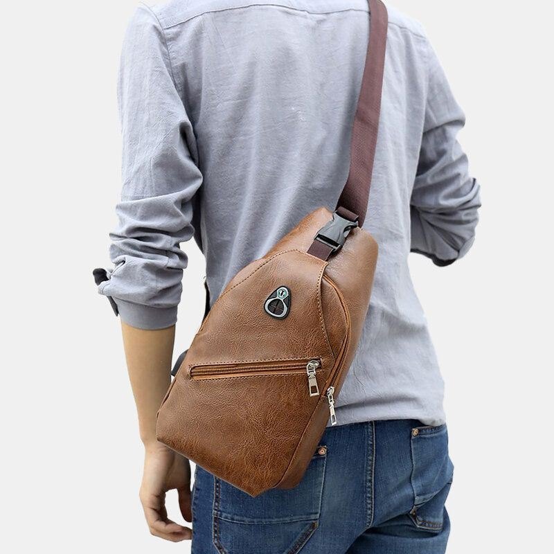 Herre Pu Leather Retro Business Brystveske Med Usb Lading Ungdomsskinn Skulderveske Cross Body Bag