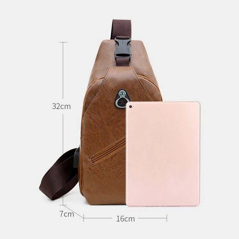 Herre Pu Leather Retro Business Brystveske Med Usb Lading Ungdomsskinn Skulderveske Cross Body Bag