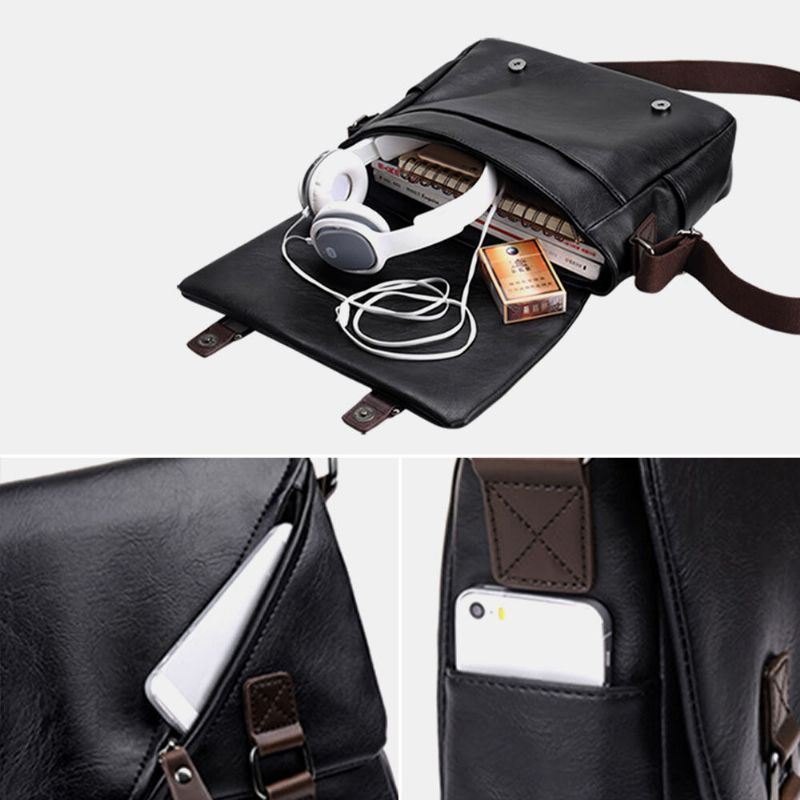 Herre Vintage Pu-skinn Multipocket Crossbody-veske Med Stor Kapasitet Skulderveske