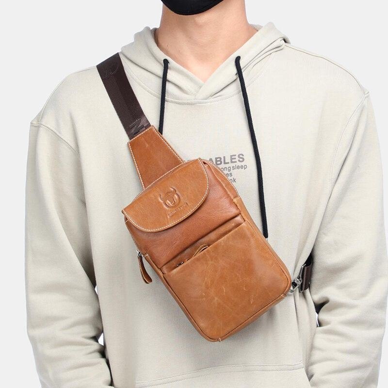 Vintage Ekte Skinn Brystveske Skulderveske For Menn