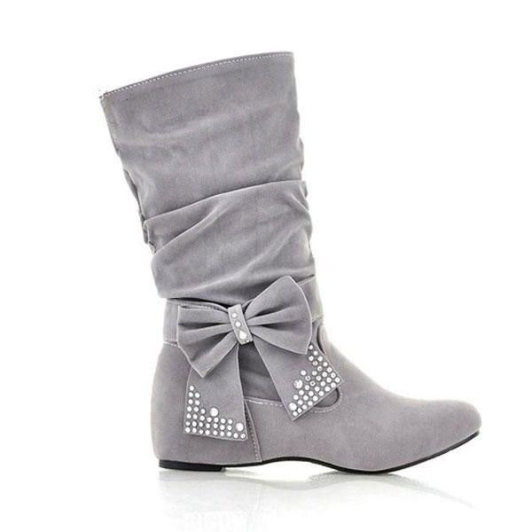 Bowtie Mid Calf Damestøvler Sommerfuglknute Skjult Hæl Damesko