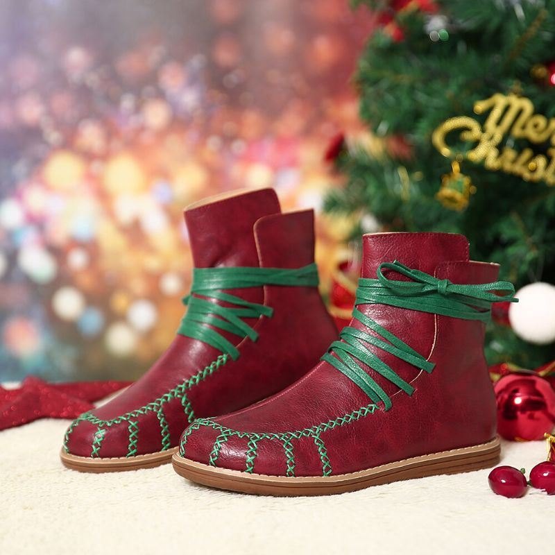 Dame Large Size Stitching Slip Resistant Lace Up Flat Ankel Boots