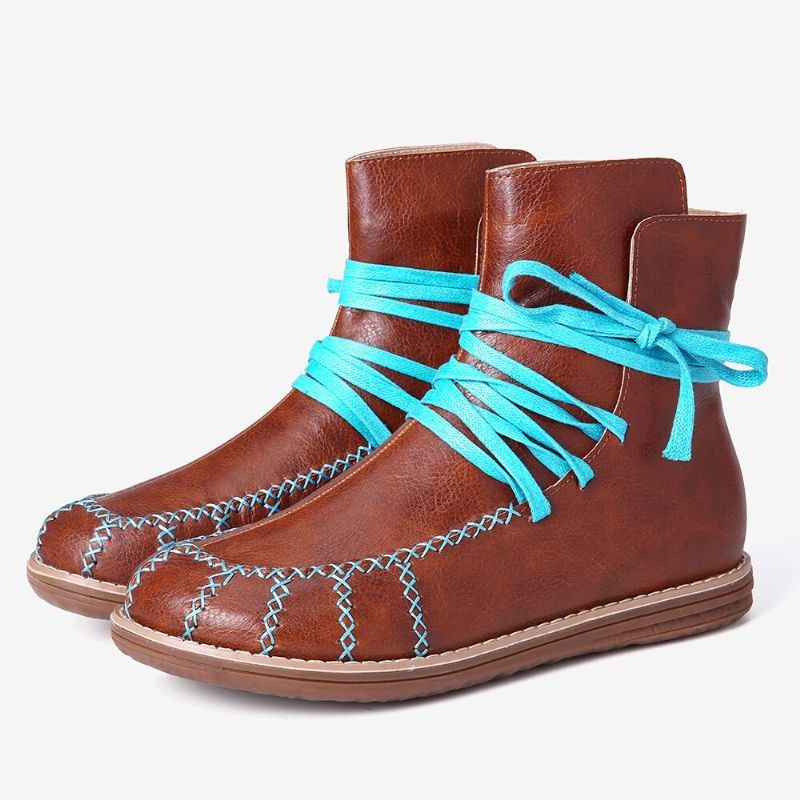 Dame Large Size Stitching Slip Resistant Lace Up Flat Ankel Boots