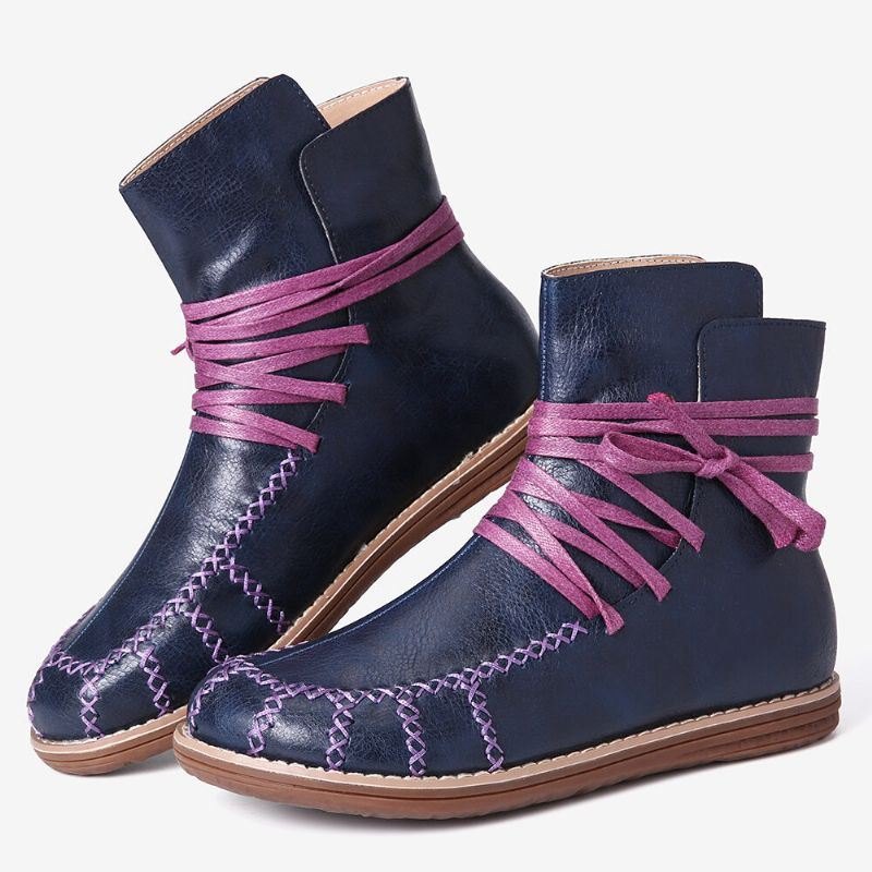 Dame Large Size Stitching Slip Resistant Lace Up Flat Ankel Boots