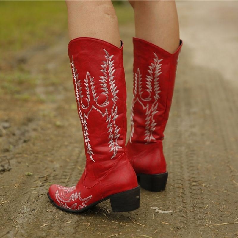 Dame Stor Størrelse Retro Spiss Tå Broderte Tykk Cowboystøvler Med Hæl
