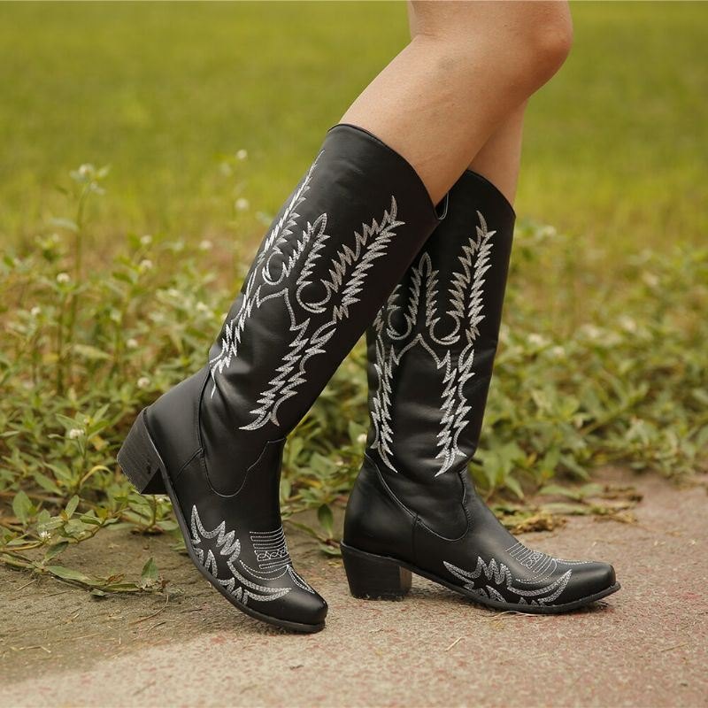 Dame Stor Størrelse Retro Spiss Tå Broderte Tykk Cowboystøvler Med Hæl