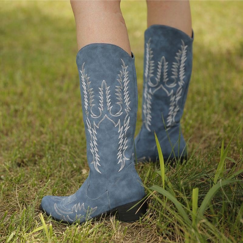 Dame Stor Størrelse Retro Spiss Tå Broderte Tykk Cowboystøvler Med Hæl