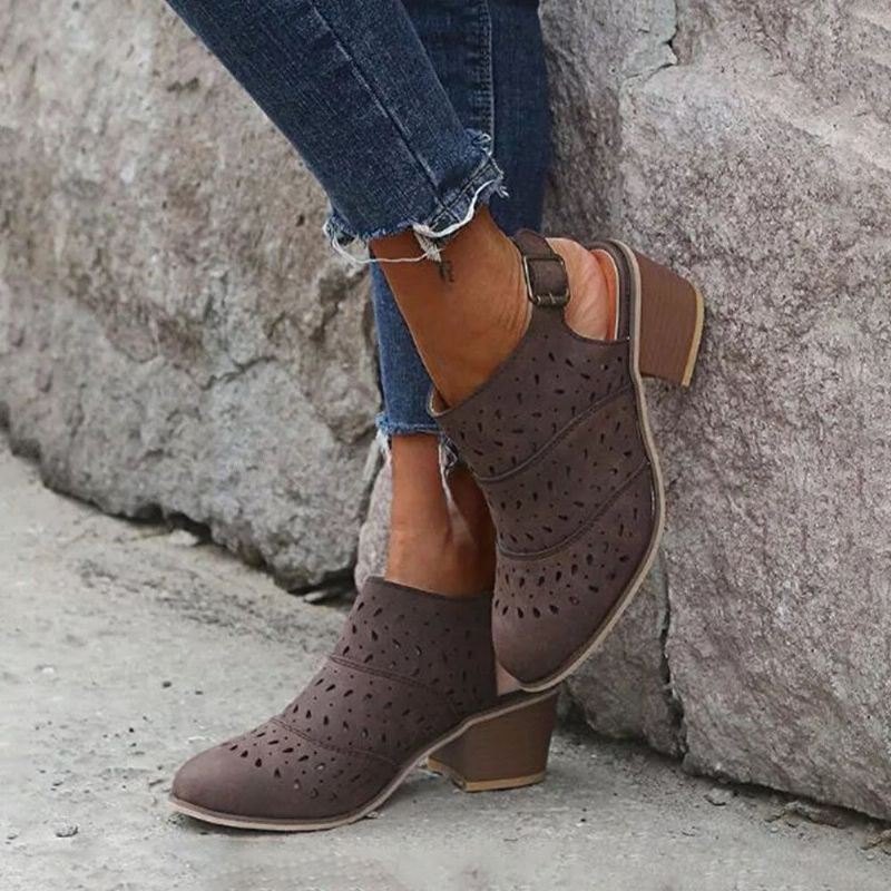 Plus Size Dame Hollow Design Spenne Casual Chunky Heel Boots