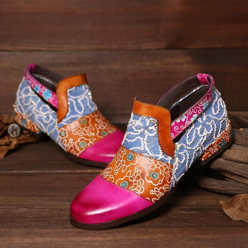 Dame Retro Elegant Fargesøm Ekte Skinn Glidelås Flats