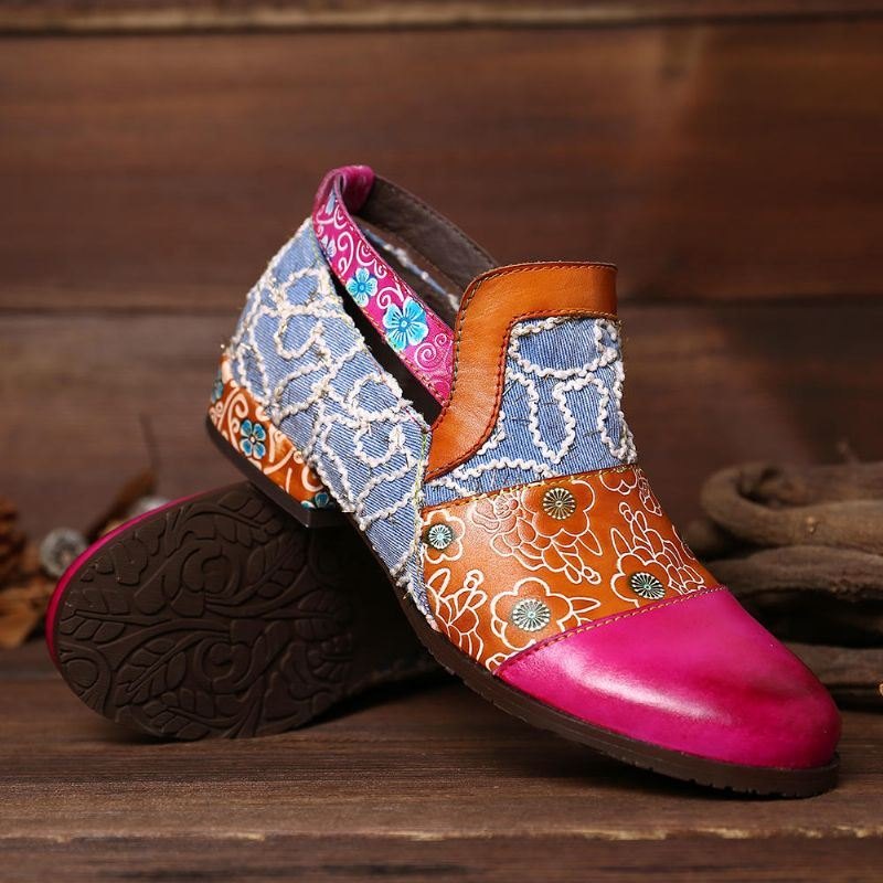 Dame Retro Elegant Fargesøm Ekte Skinn Glidelås Flats
