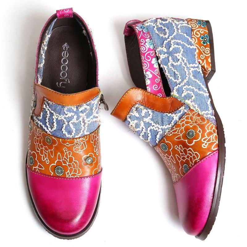 Dame Retro Elegant Fargesøm Ekte Skinn Glidelås Flats