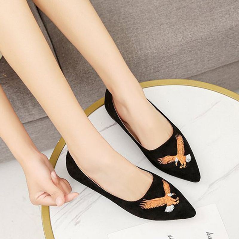 Damespiss Semsket Fugl Brodert Dekor Flats Sko