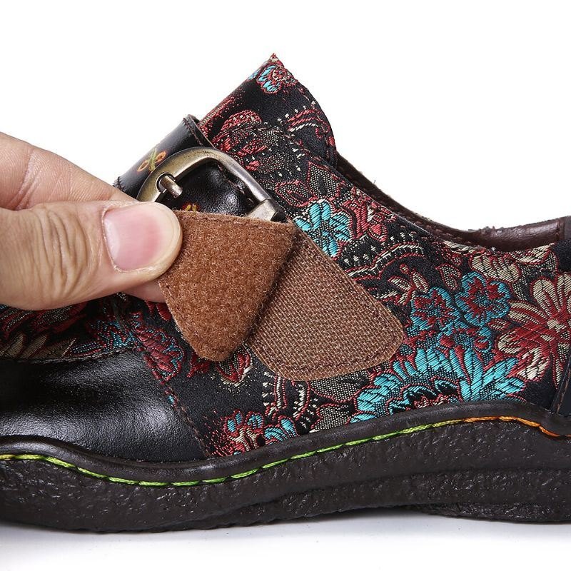 Retro Blomster Broderi Skinn Preget Plomme Blossom Spenne Slip On Flat Sko