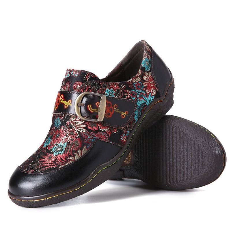 Retro Blomster Broderi Skinn Preget Plomme Blossom Spenne Slip On Flat Sko